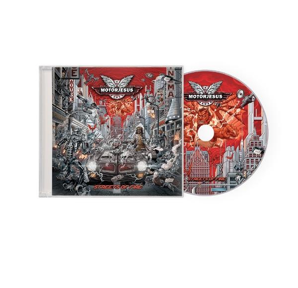 CD-Hülle und CD mit einer Illustration einer Stadt, eines Autos und eines Bandnamens.