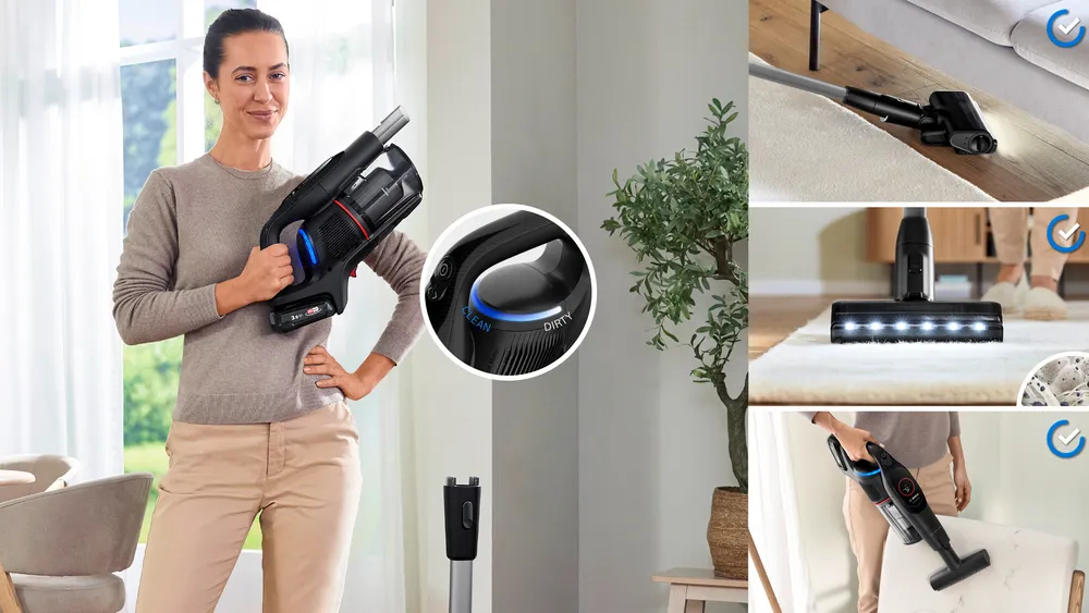 Kobieta trzymająca odkurzacz z ujęciami detali.