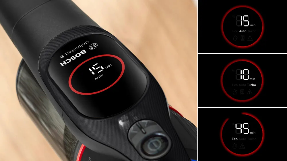 Odkurzacz z wyświetlaczem pokazującym tryby czasu: Eco, Auto i Turbo. Wyświetla żywotność baterii.