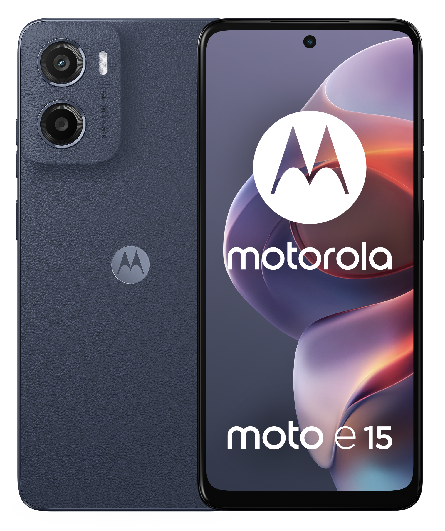 Niebieski telefon Motorola Moto e15. Ma podwójny aparat i logo Motorola z tyłu.