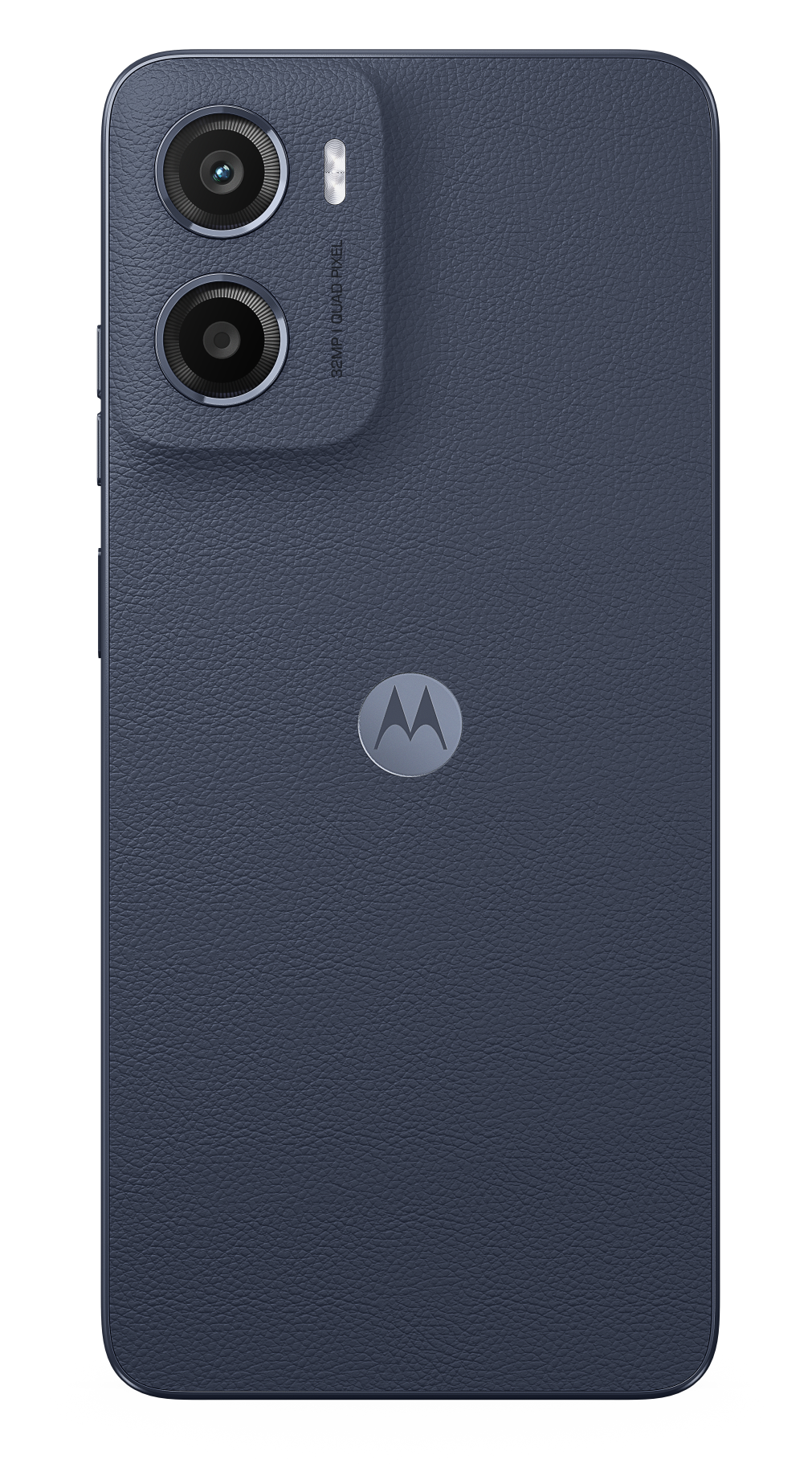 Widok z tyłu ciemnoniebieskiego smartfona z dwoma aparatami i logo Motorola.