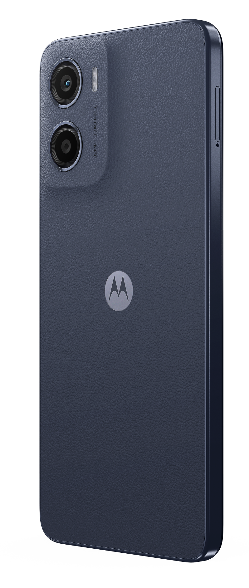 Niebieski telefon z dwoma tylnymi aparatami. Logo Motorola znajduje się z tyłu.