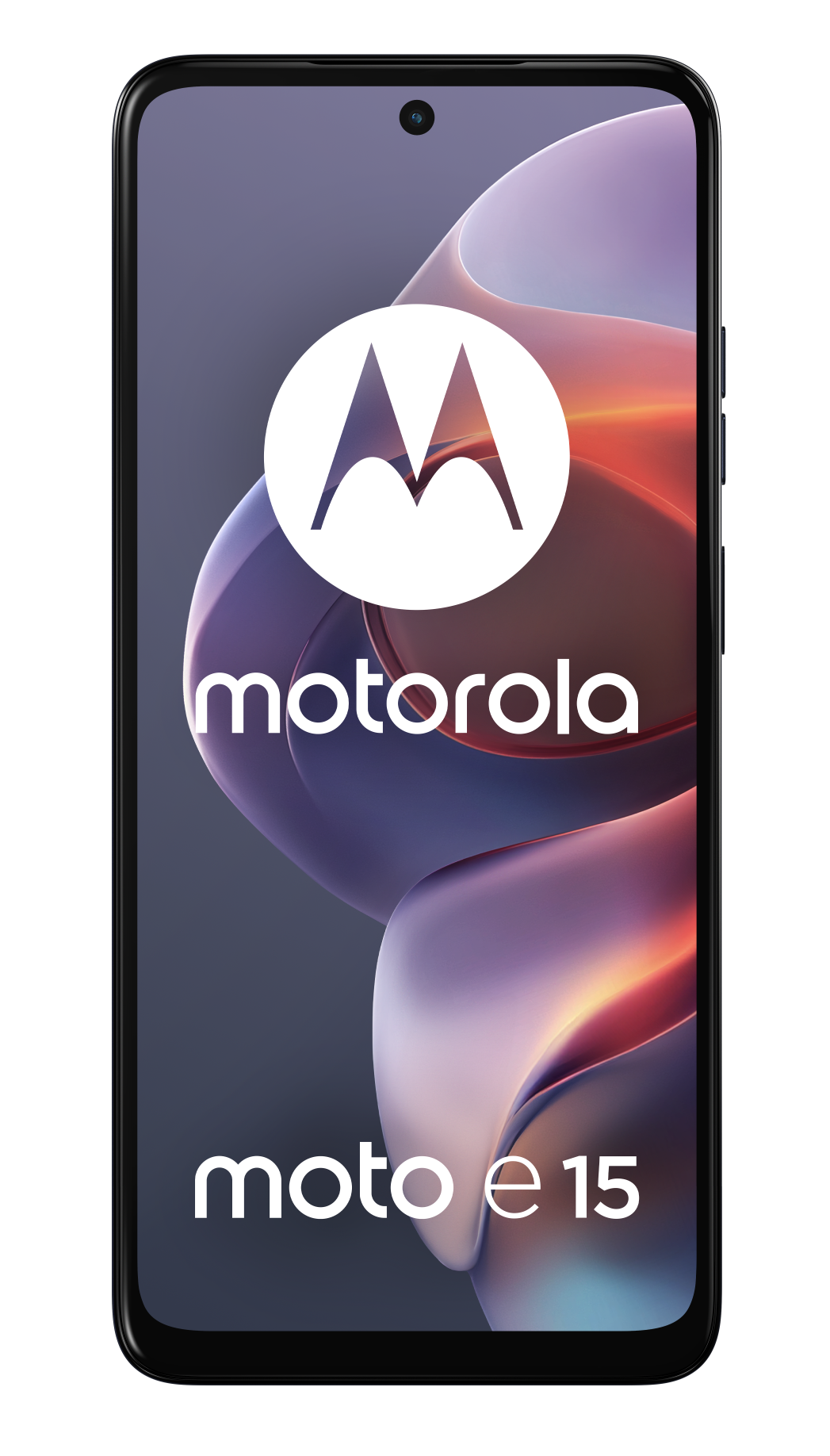 Czarny smartfon Motorola z dużym białym logo i tekstem na ekranie.