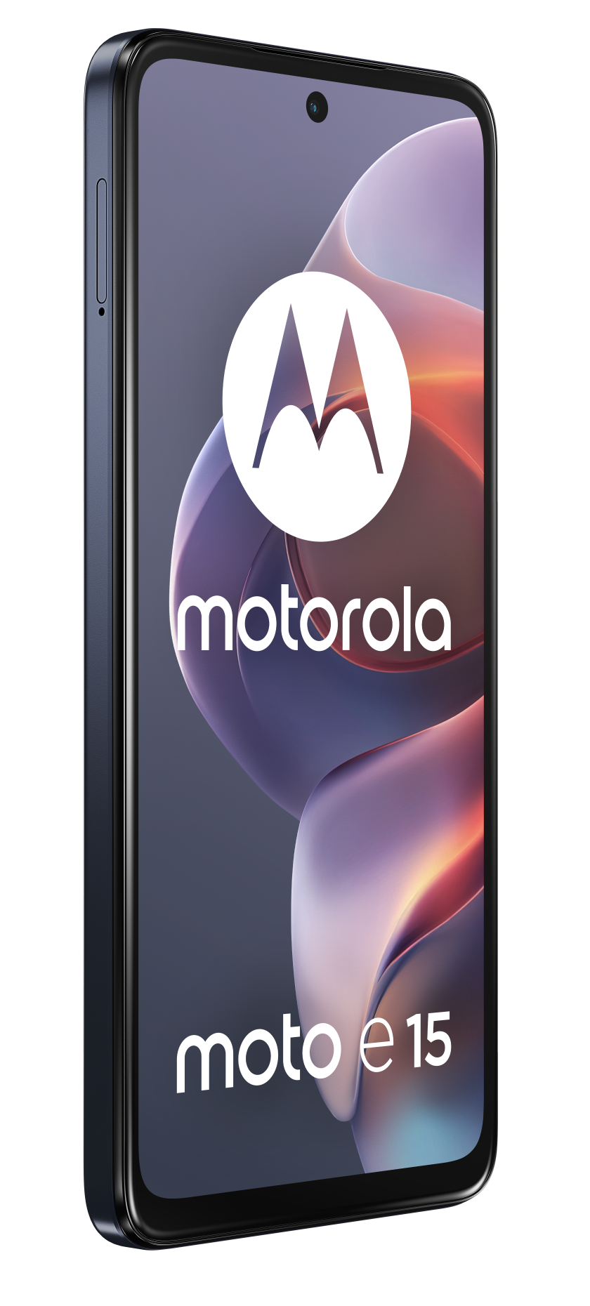 Niebieski smartfon Motorola Moto e15 z logo Motorola i napisem 'moto e15' na ekranie.