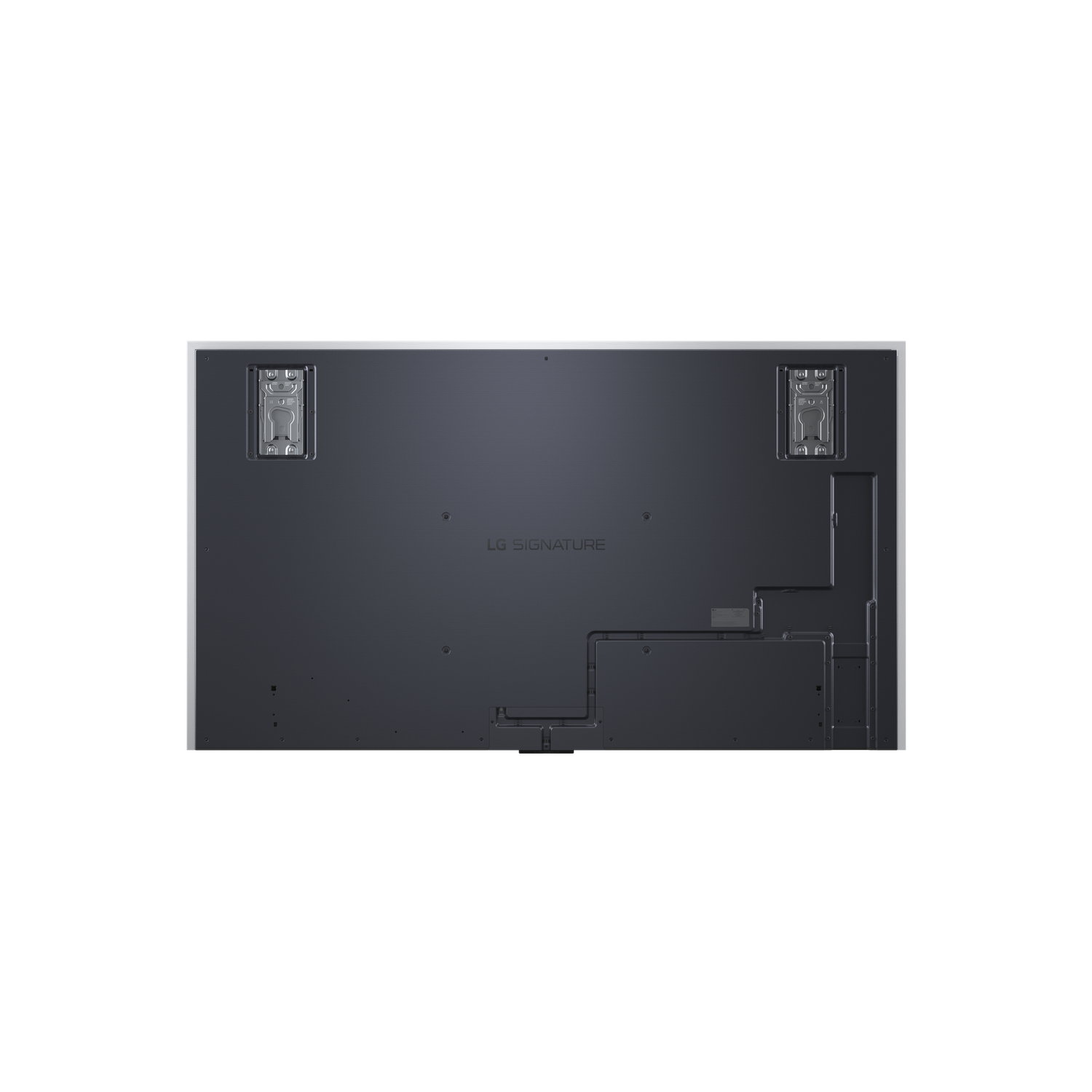Rear view of large black LG Signature TV with mounting brackets.