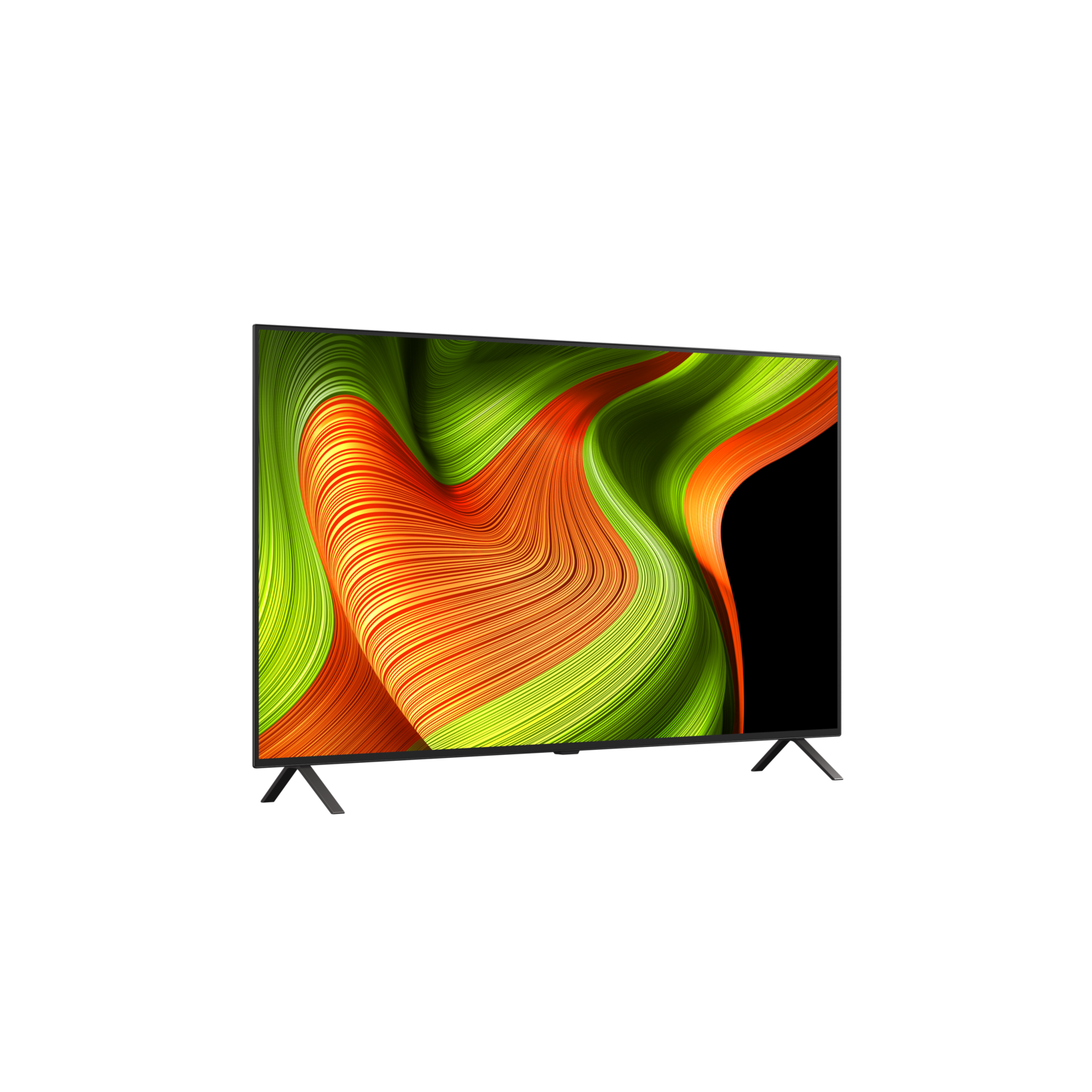 TV met oranje en groen abstract ontwerp op het scherm, zwarte achtergrond.