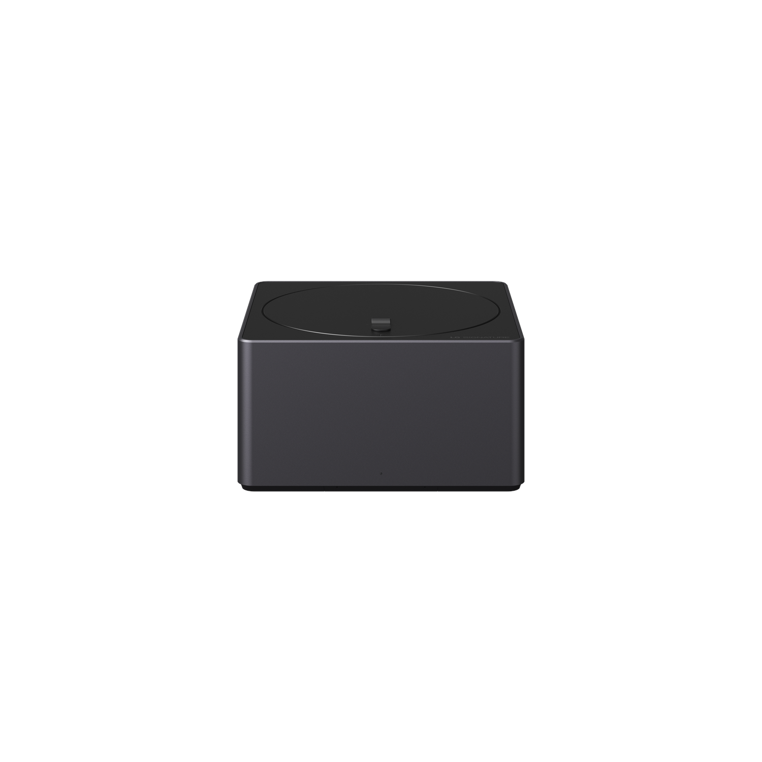 A black, square-shaped subwoofer with a flat top and sides, isolated on white.