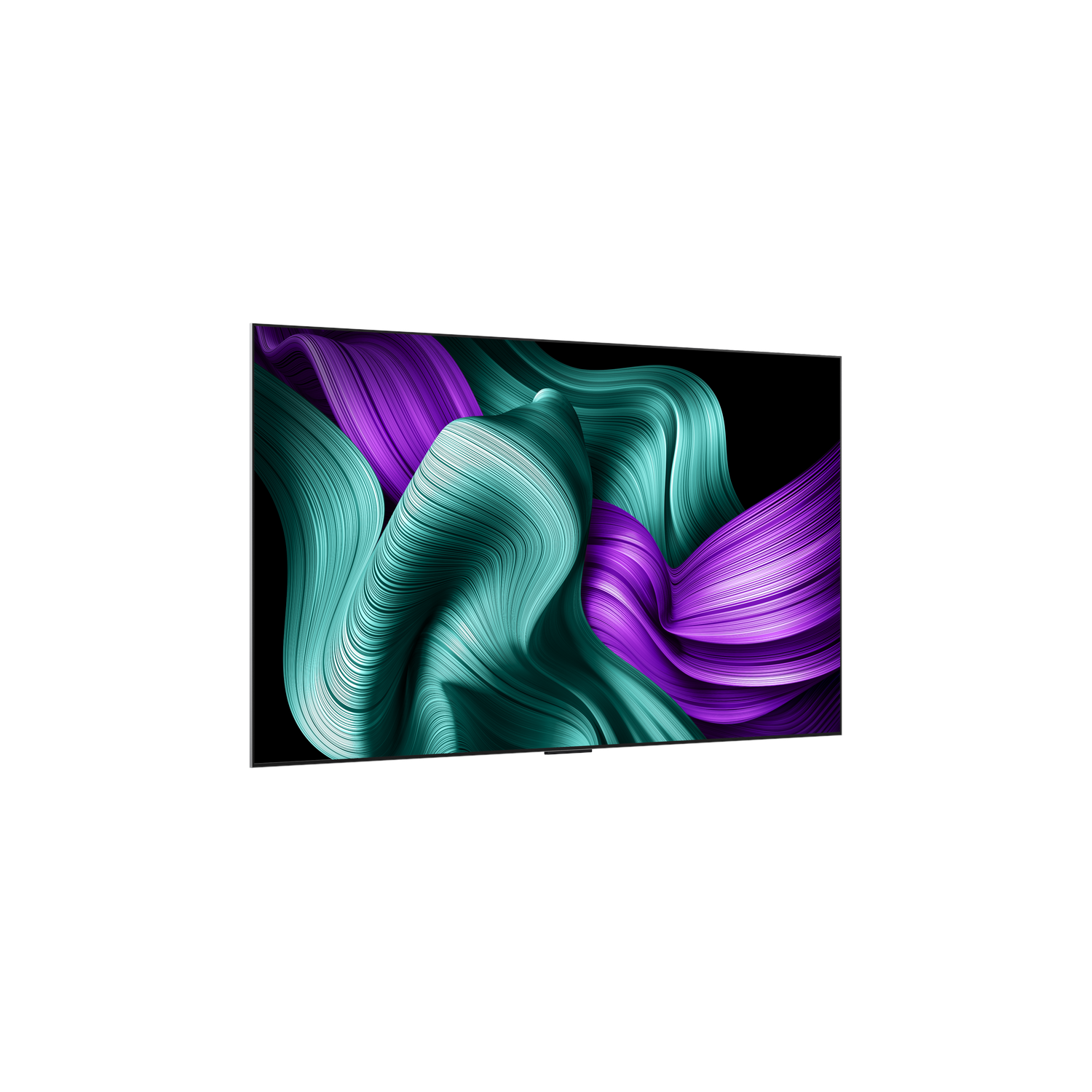 TV screen with purple and teal abstract wavy design, white background.