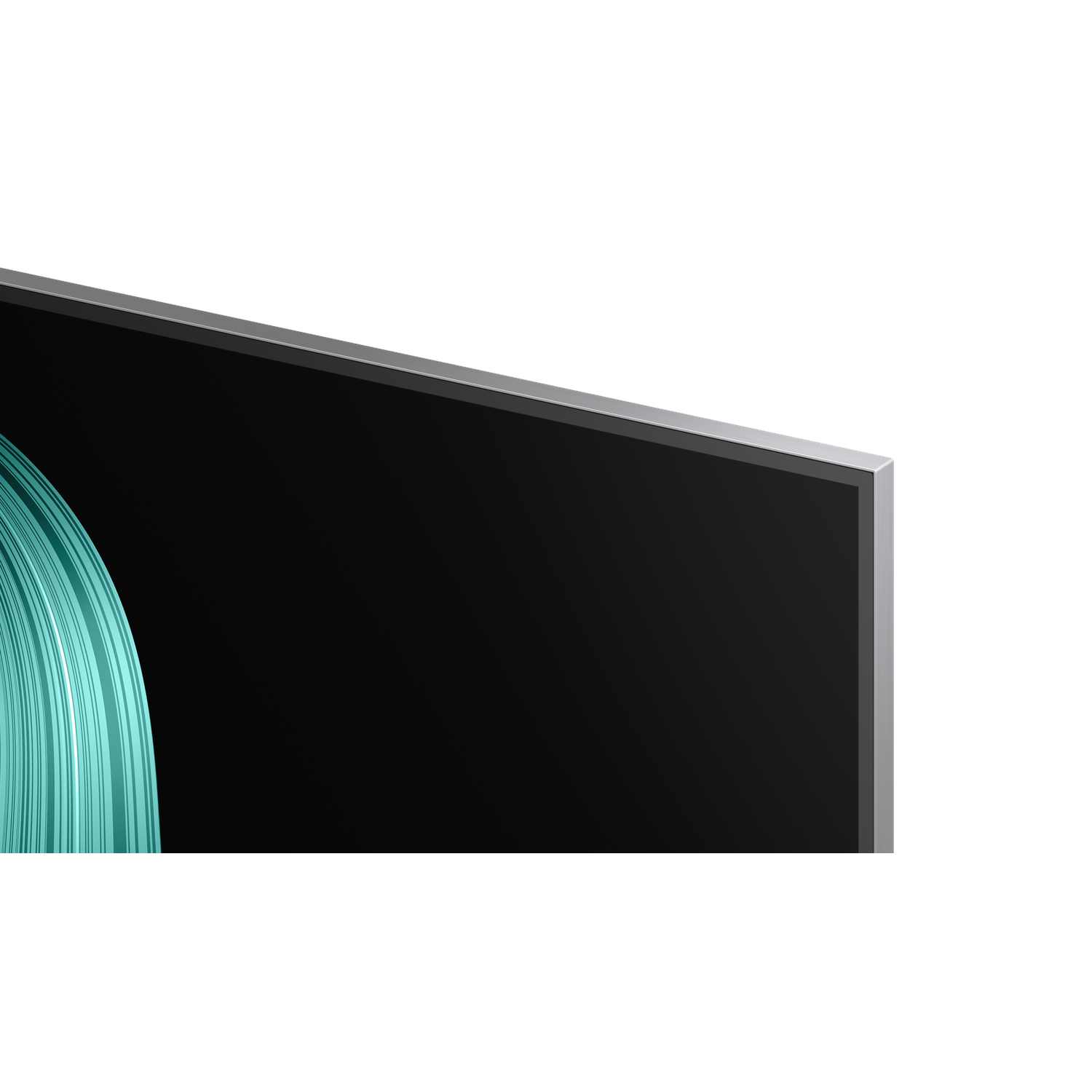 A TV screen with a black border. The screen shows a turquoise, abstract design.