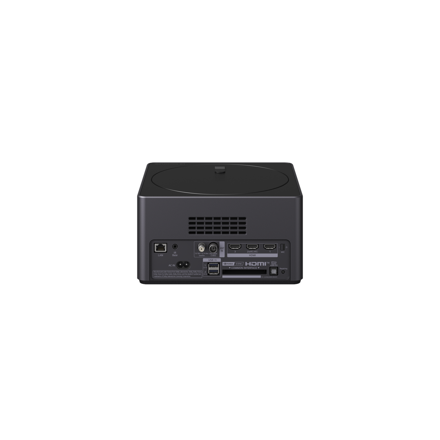 A black device with multiple ports, labeled, against a white background.