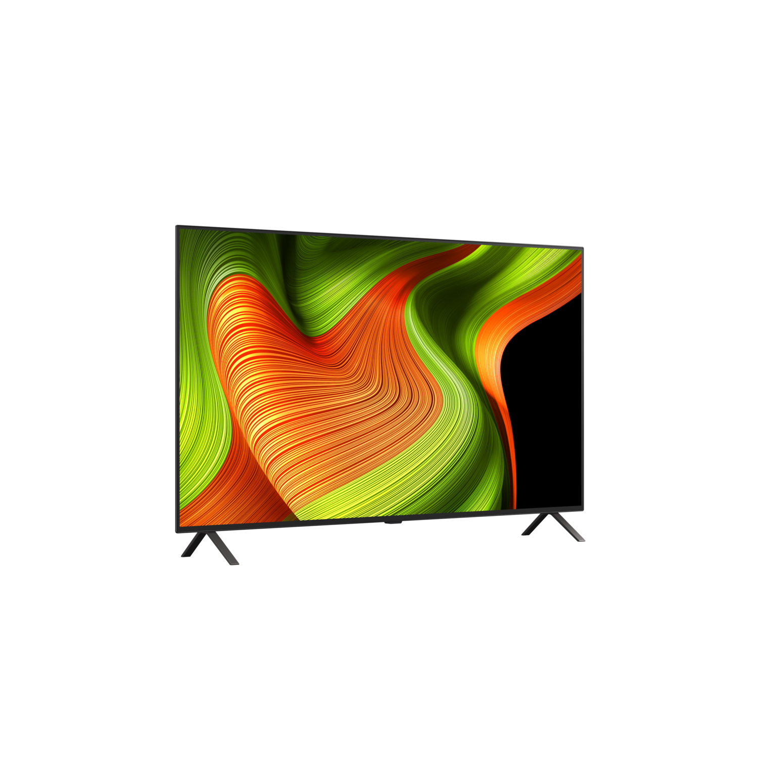 Een flatscreen-tv met een kleurrijk abstract beeld. Het heeft zwarte standaards.