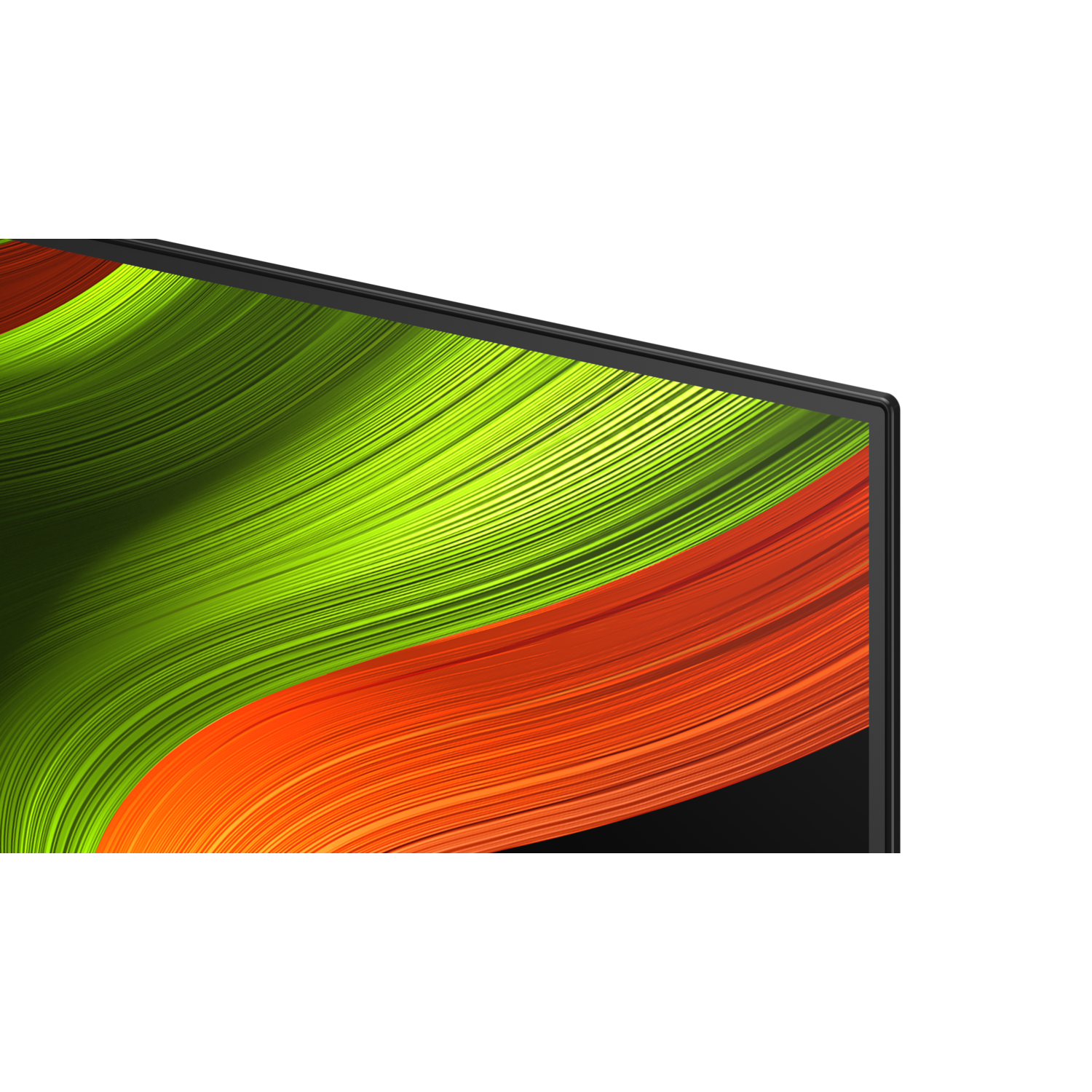 Close-up van een tv-scherm met groene en oranje golfpatronen. Zwart frame.