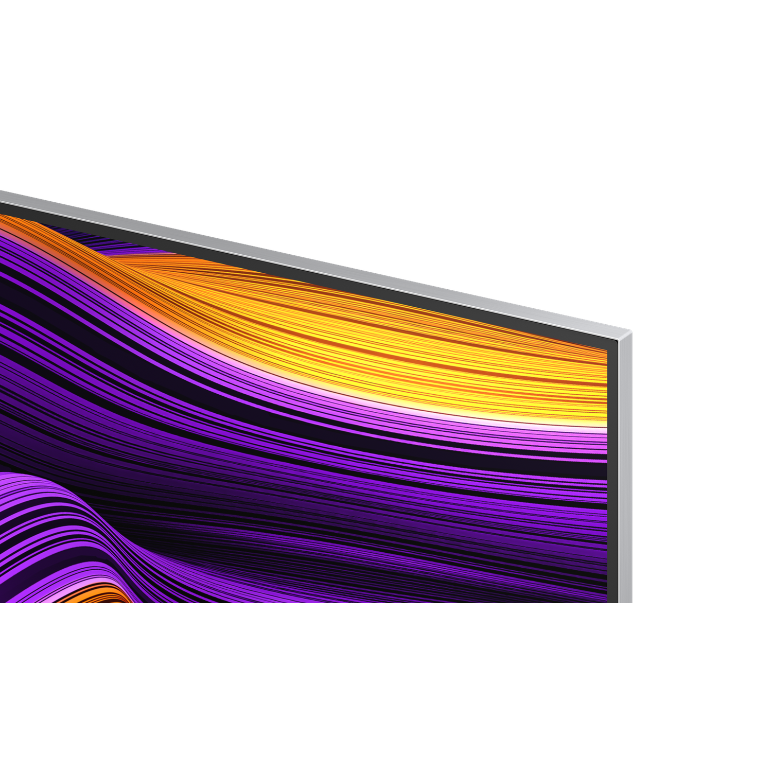 Close-up of a modern TV screen with a vibrant abstract design of swirling purple and yellow lines.
