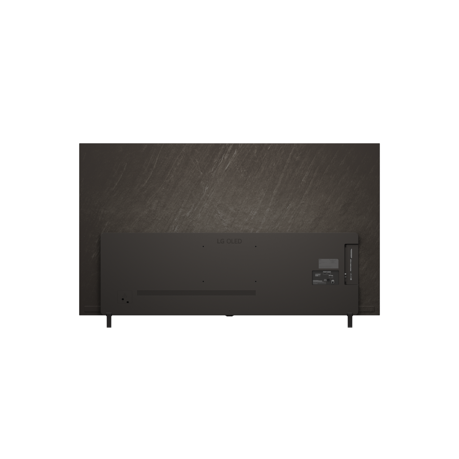 De achterkant van een zwarte LG OLED TV, gemonteerd op een donkere muur.