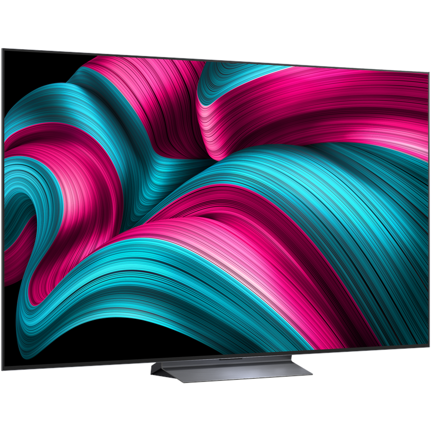 Een flatscreen tv toont een wervelend patroon van blauwgroen en roze tegen een zwarte achtergrond. Hij staat op een donkergrijze standaard.