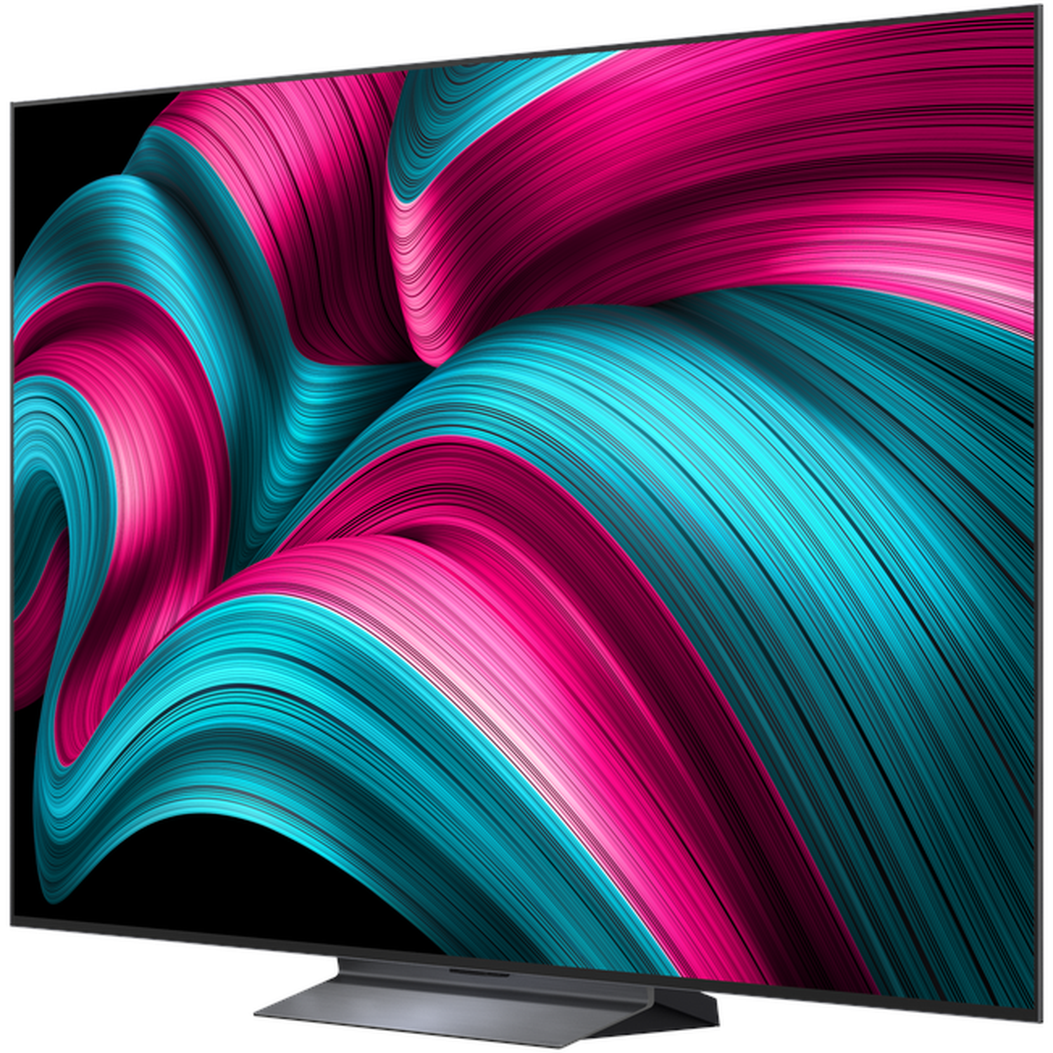 Een grote tv toont een wervelend patroon van roze en blauwgroene golven tegen een zwarte achtergrond. De tv heeft een donkere metalen standaard.