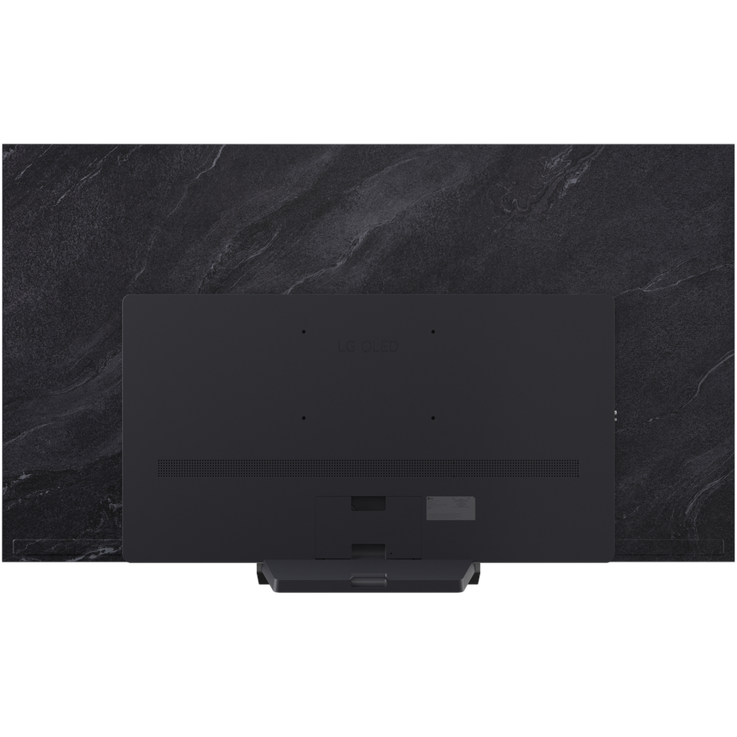 De achterkant van een zwarte LG OLED tv staat op een zwarte standaard. De tv staat tegen een zwarte marmeren muur.