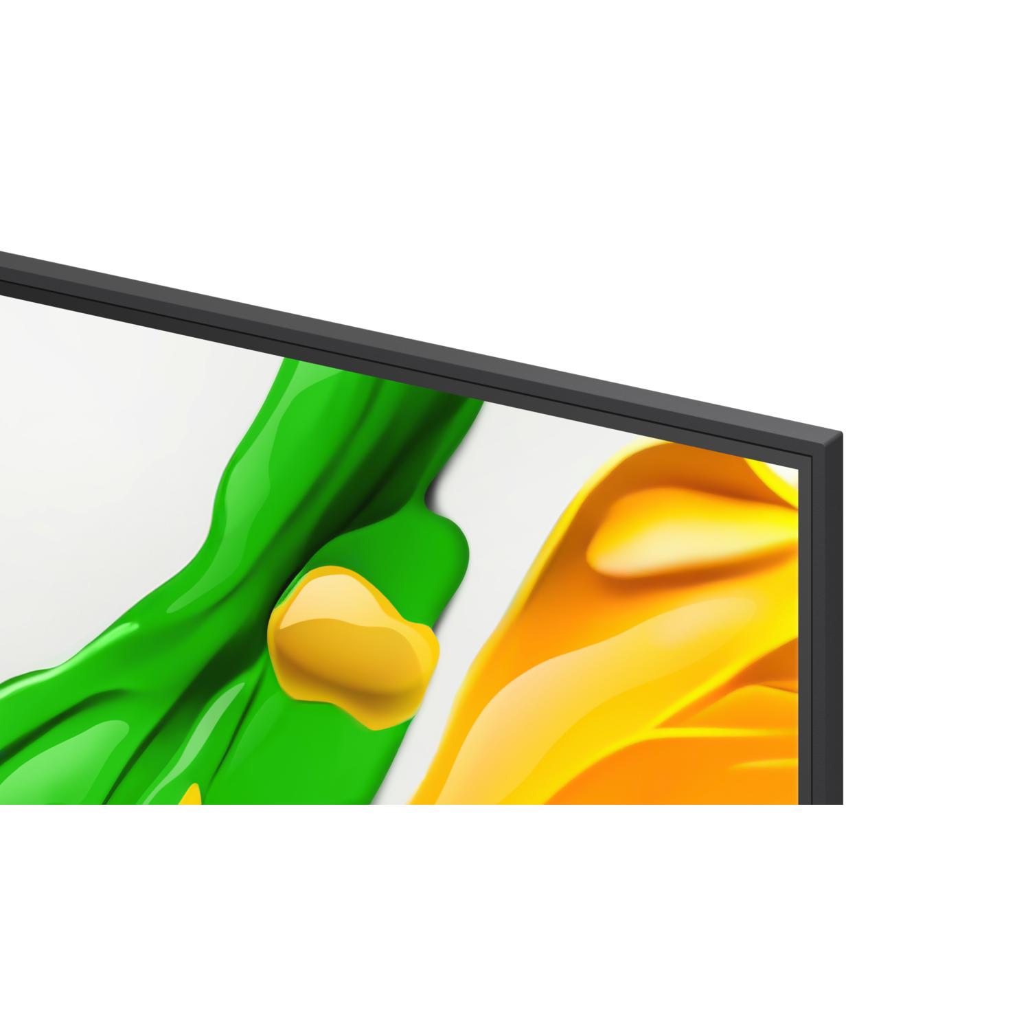 Close-up van een tv-scherm met kleurrijke verfspatten in groen, geel en wit.