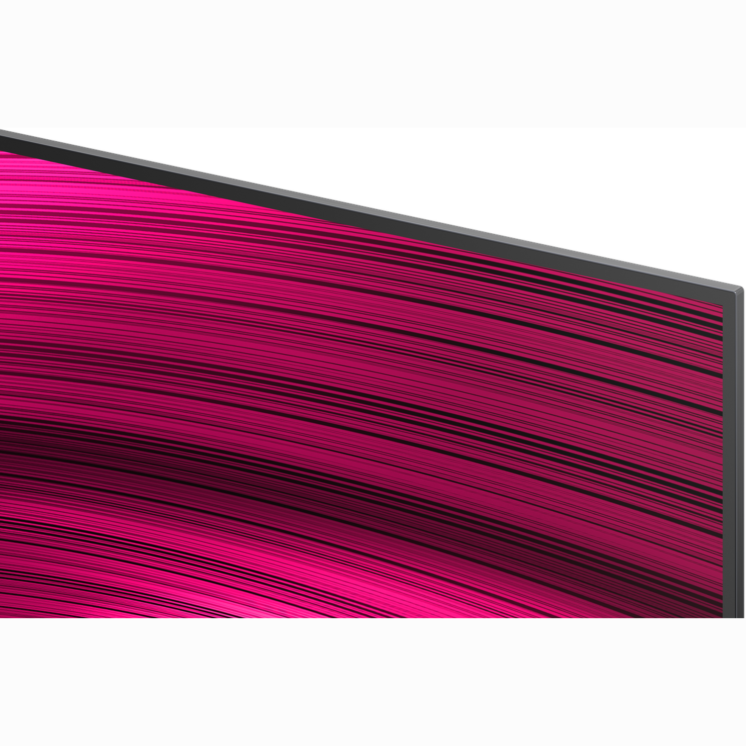 Close-up van een gebogen scherm met een magenta patroon van horizontale lijnen op een zwarte achtergrond. De bovenrand is donkergrijs.