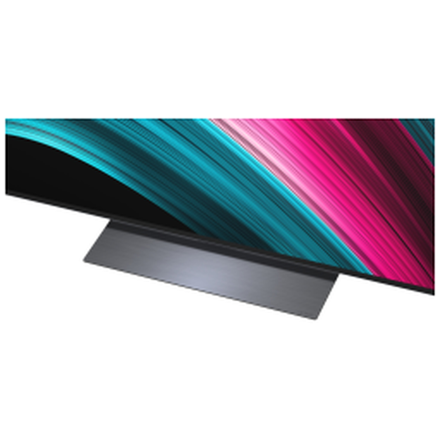 Een tv met een standaard. Het scherm toont roze en blauwe golfachtige patronen. De standaard is rechthoekig en grijs.