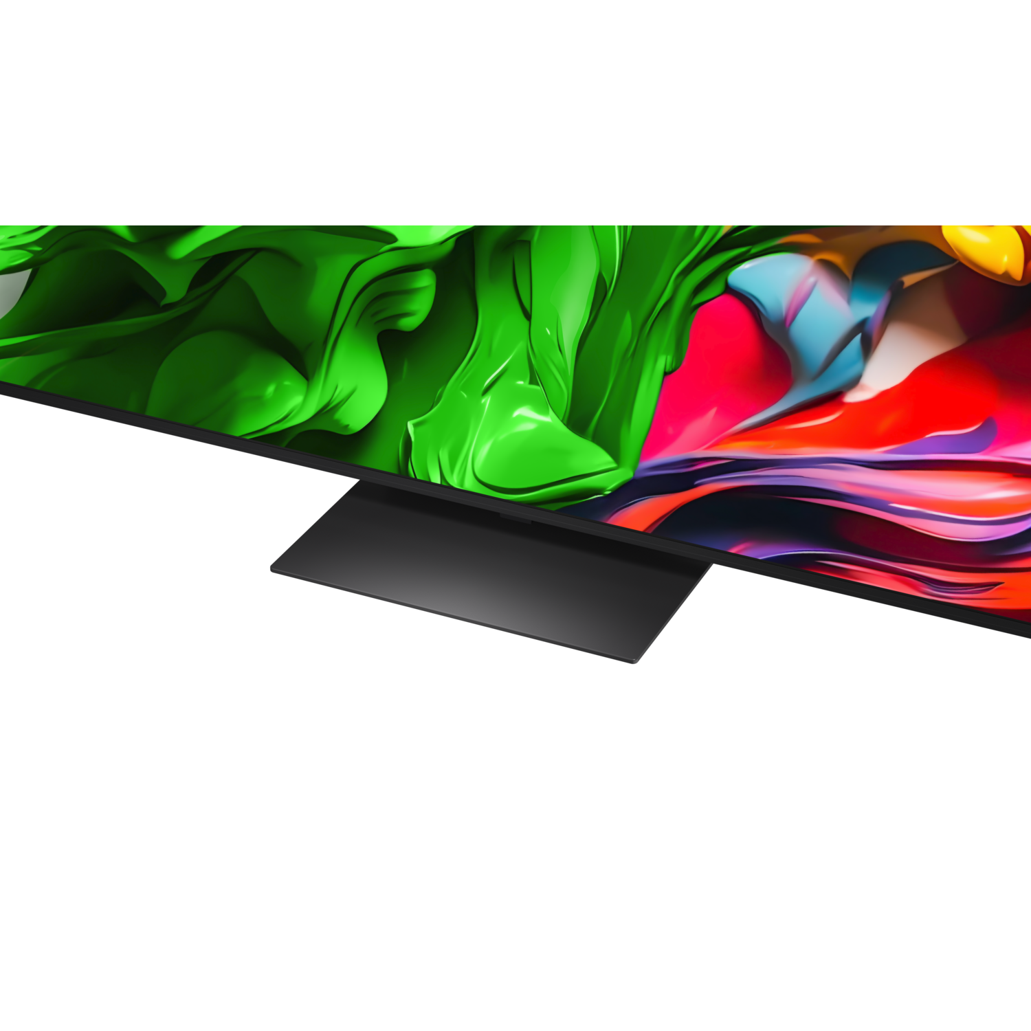 Close-up van een tv-scherm met kleurrijke abstracte vormen, met een zwarte standaard.