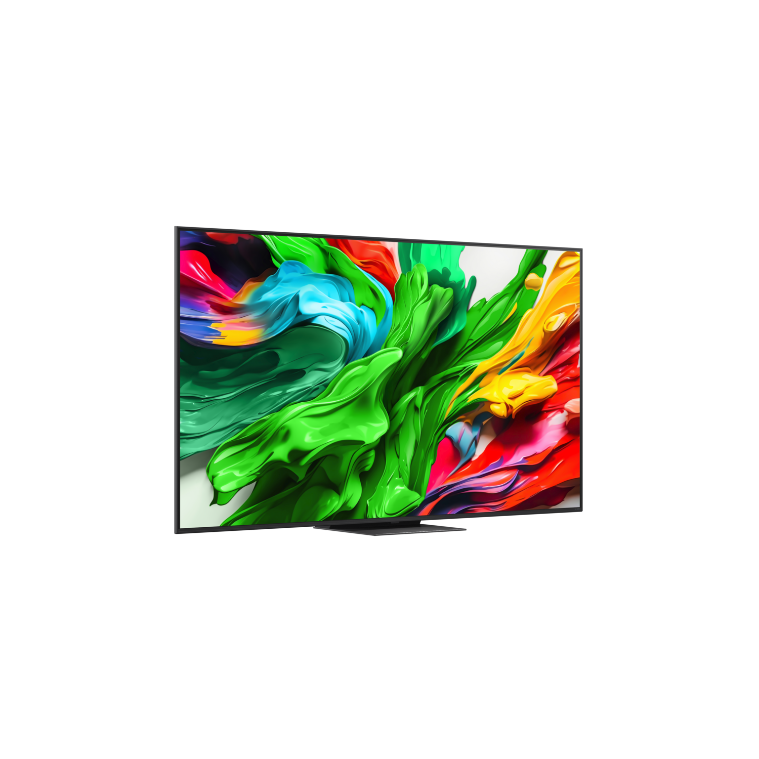 A television with colorful abstract art on the screen, black frame and stand, white background.