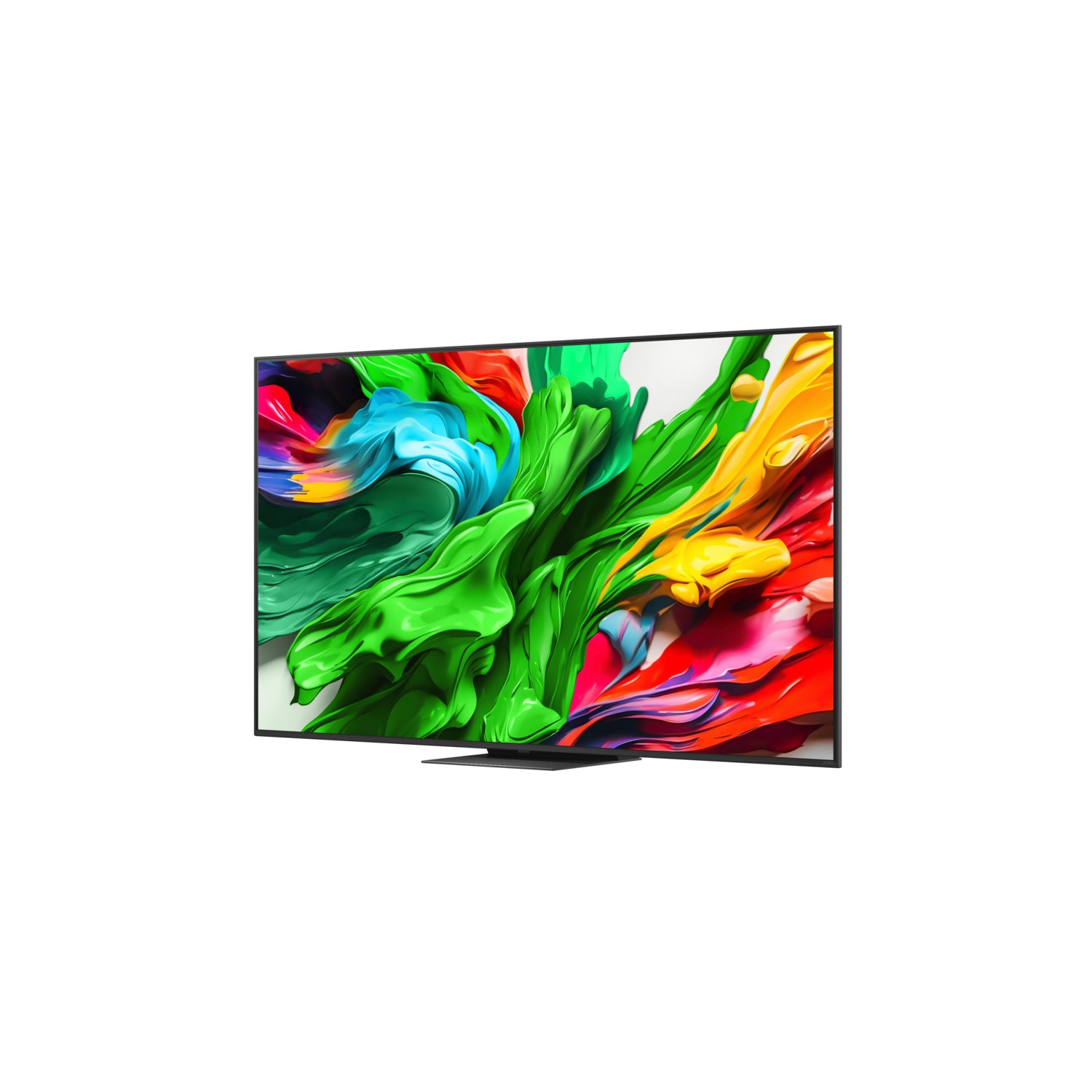 TV screen with abstract art, black frame, and stand, set against a black background.