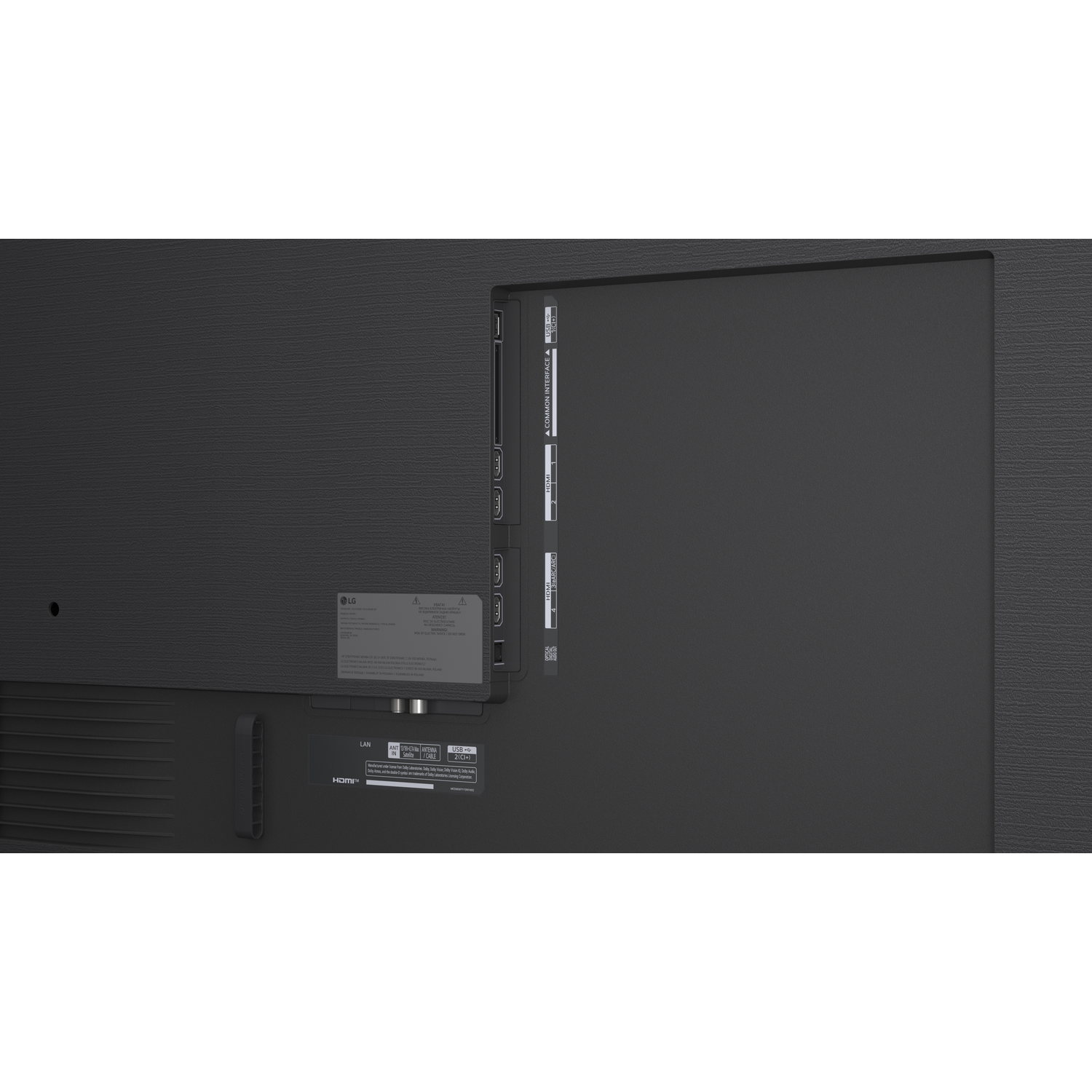 Back of a black TV with ports and labels. The background is dark.