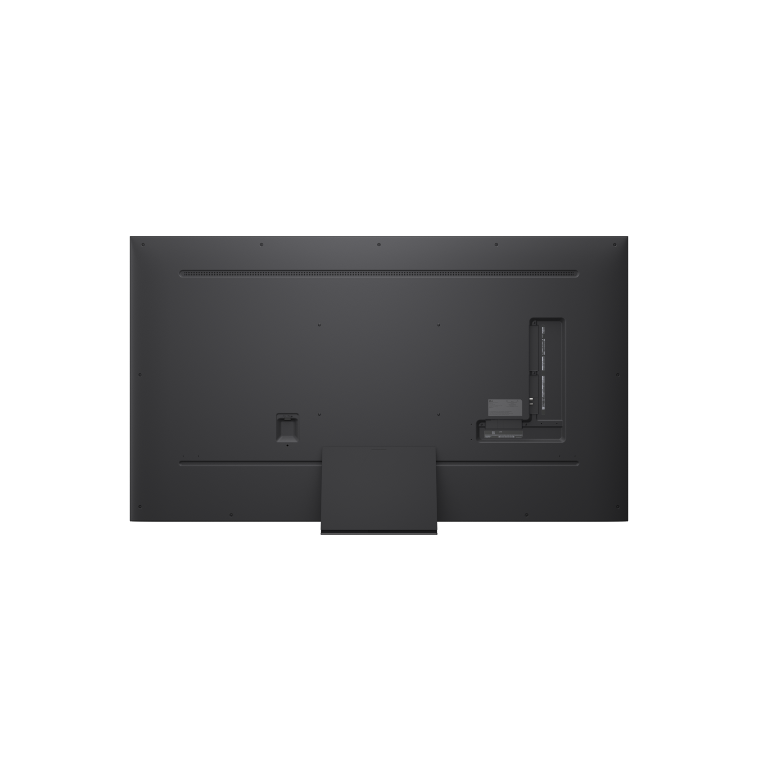 Back view of a black TV with ports and a stand.