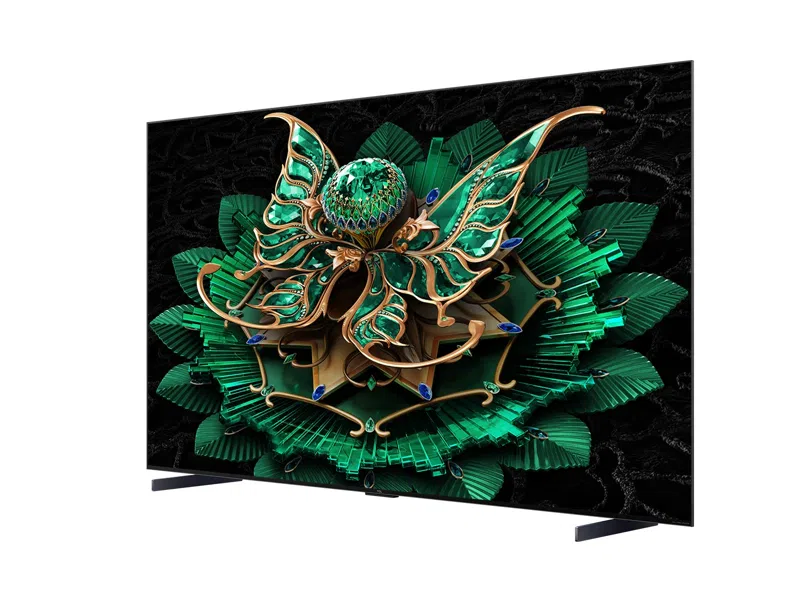 Ein großer, moderner Fernsehbildschirm mit Blumendesign und schwarzem Hintergrund. Der Fernseher ist abgewinkelt.