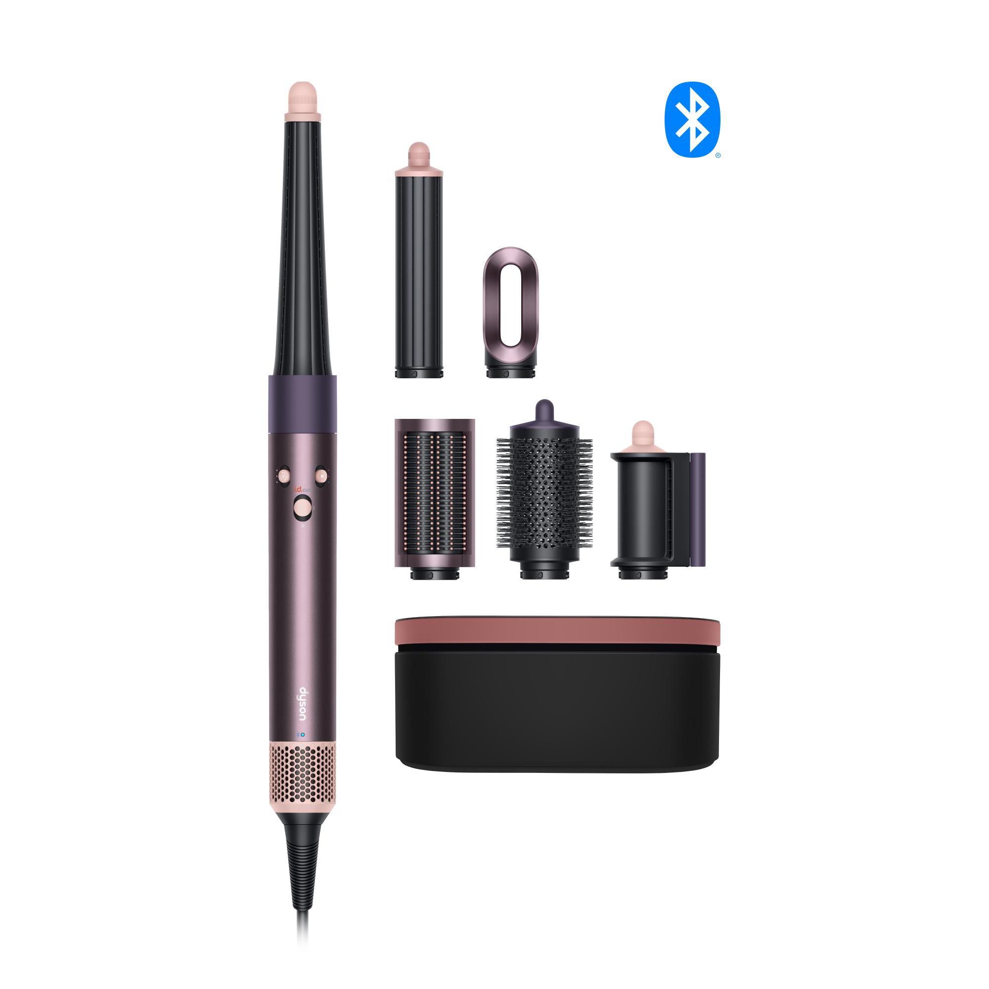 Haarstyler mit Aufsätzen. Lila und Roségold Farbschema. Bluetooth-Logo.