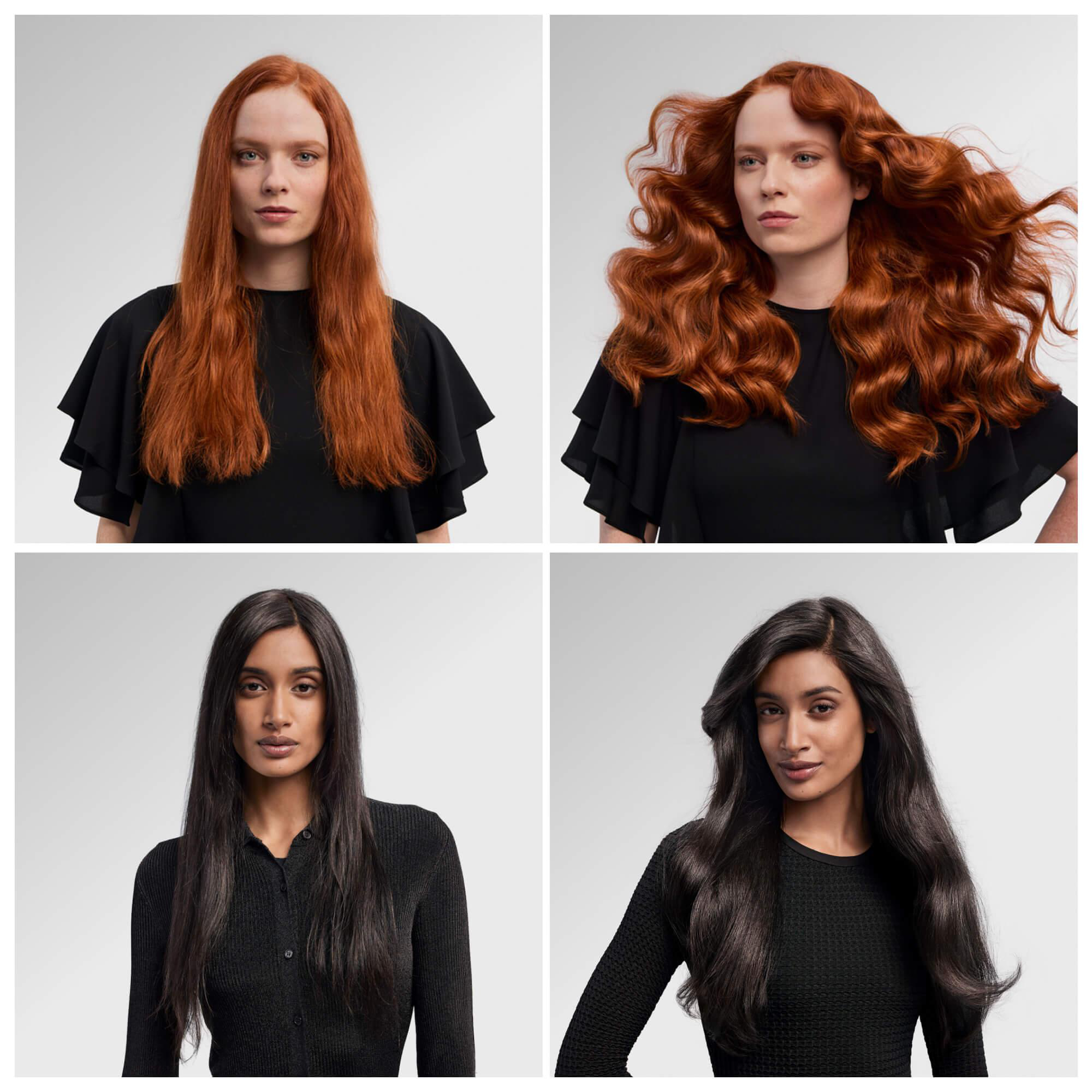 Vier Frauen mit verschiedenen Frisuren. Vorher-Nachher-Aufnahmen. Rotes und schwarzes Haar.