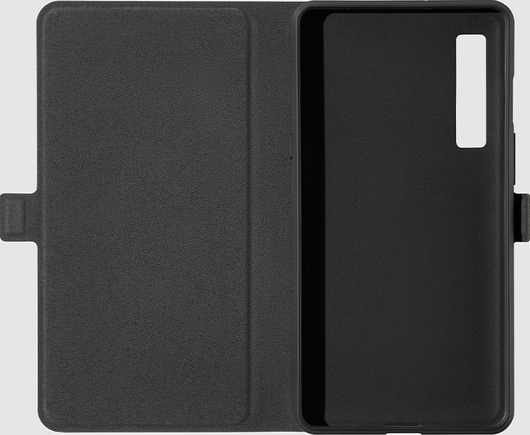Geöffnete schwarze Handyhülle, die den Telefonbereich zeigt. Das Gehäuse ist schwarz mit strukturierter Außenseite.