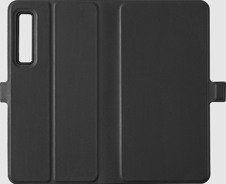 Eine schwarze Handyhülle, offen, Innenansicht, mit Kameraausschnitt links.