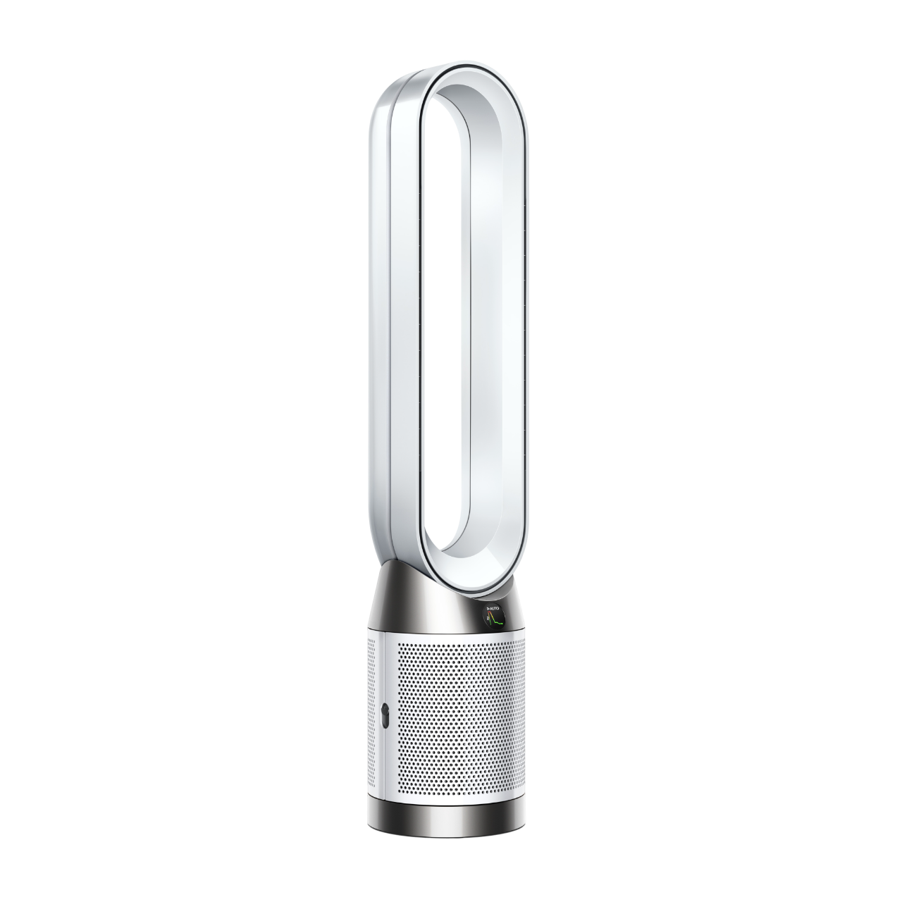 Weißer und silberner Dyson-Ventilator auf schwarzem Hintergrund. Es hat eine ovale Öffnung und einen kreisförmigen Sockel.