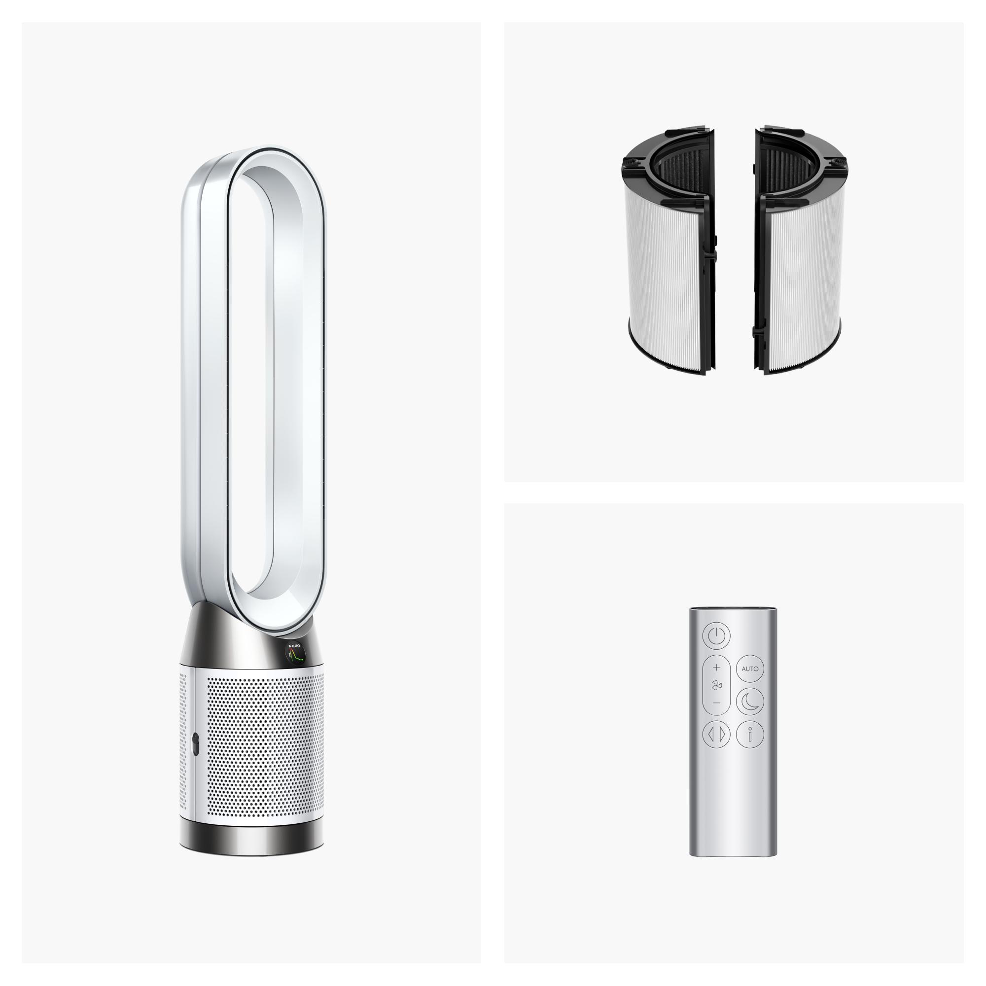 Luftreiniger, Filter und Fernbedienung. Weiß-Silber-Farbschema. Isoliert auf Weiß.