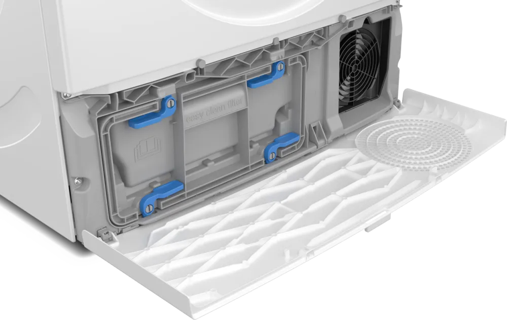 Wnętrze białej pralki. Filtr jest otwarty.