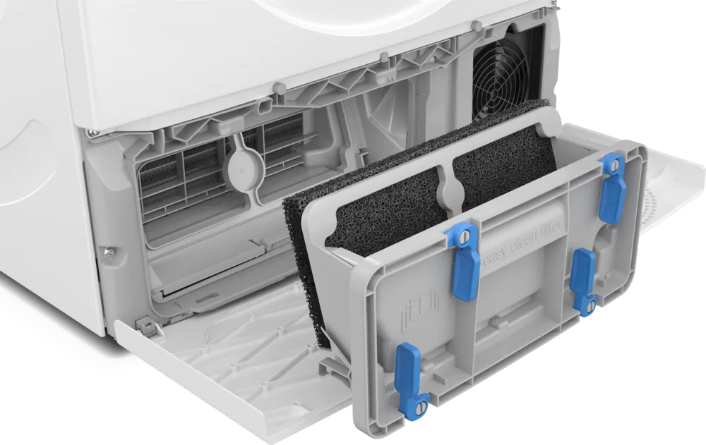 Otwarty schowek na filtr pralki, pokazujący filtr i elementy.