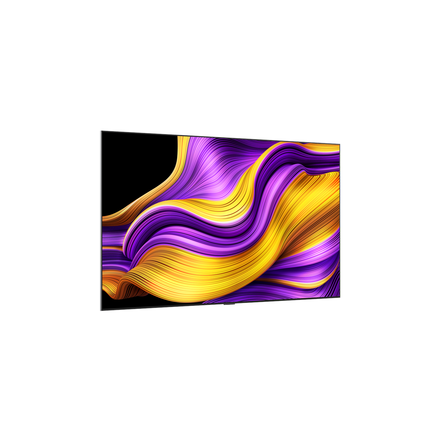 Grand écran de télévision affichant des lignes ondulées abstraites en violet et jaune.
