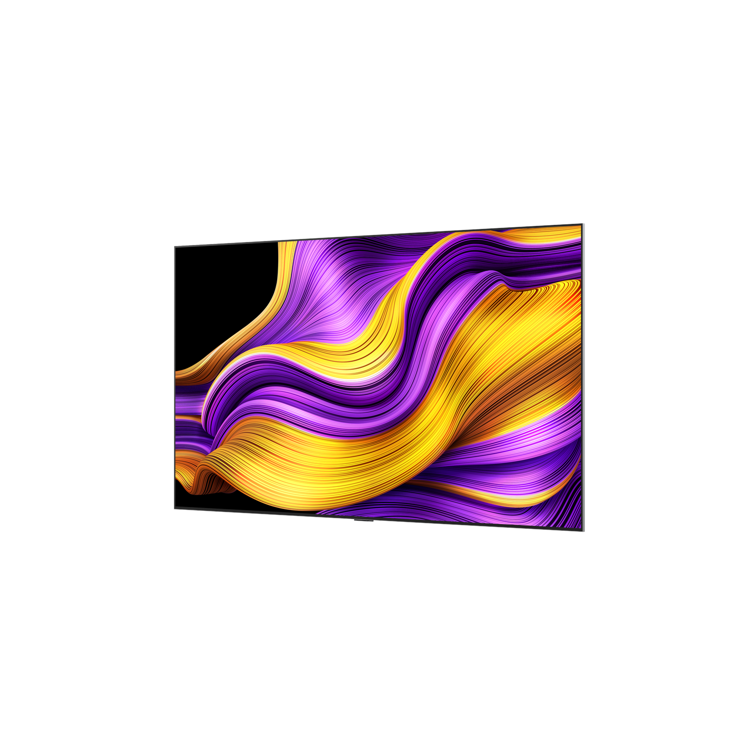Un téléviseur à écran plat affiche un design abstrait coloré de vagues jaunes et violettes sur fond noir.