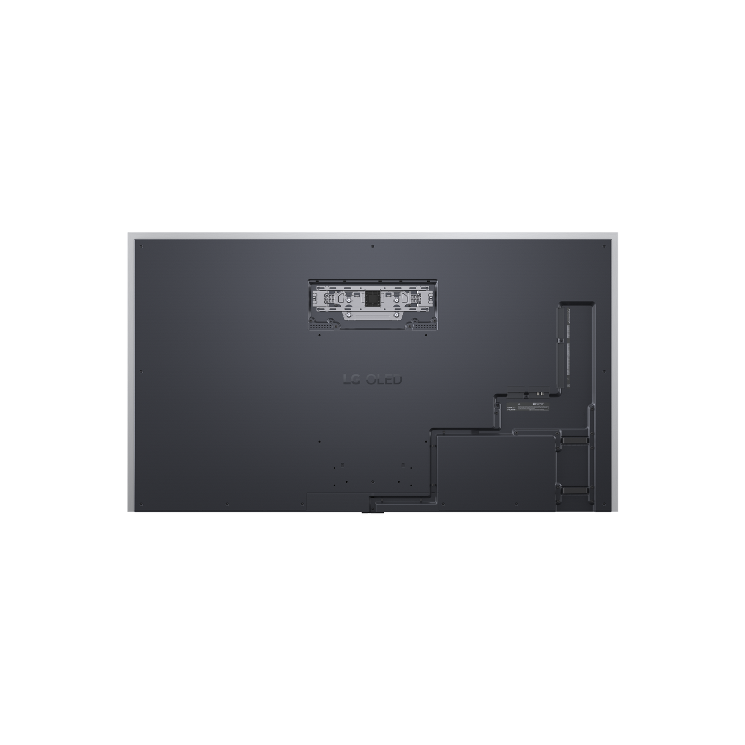 L'arrière d'un grand téléviseur LG OLED, montrant les connecteurs et le cadre métallique.