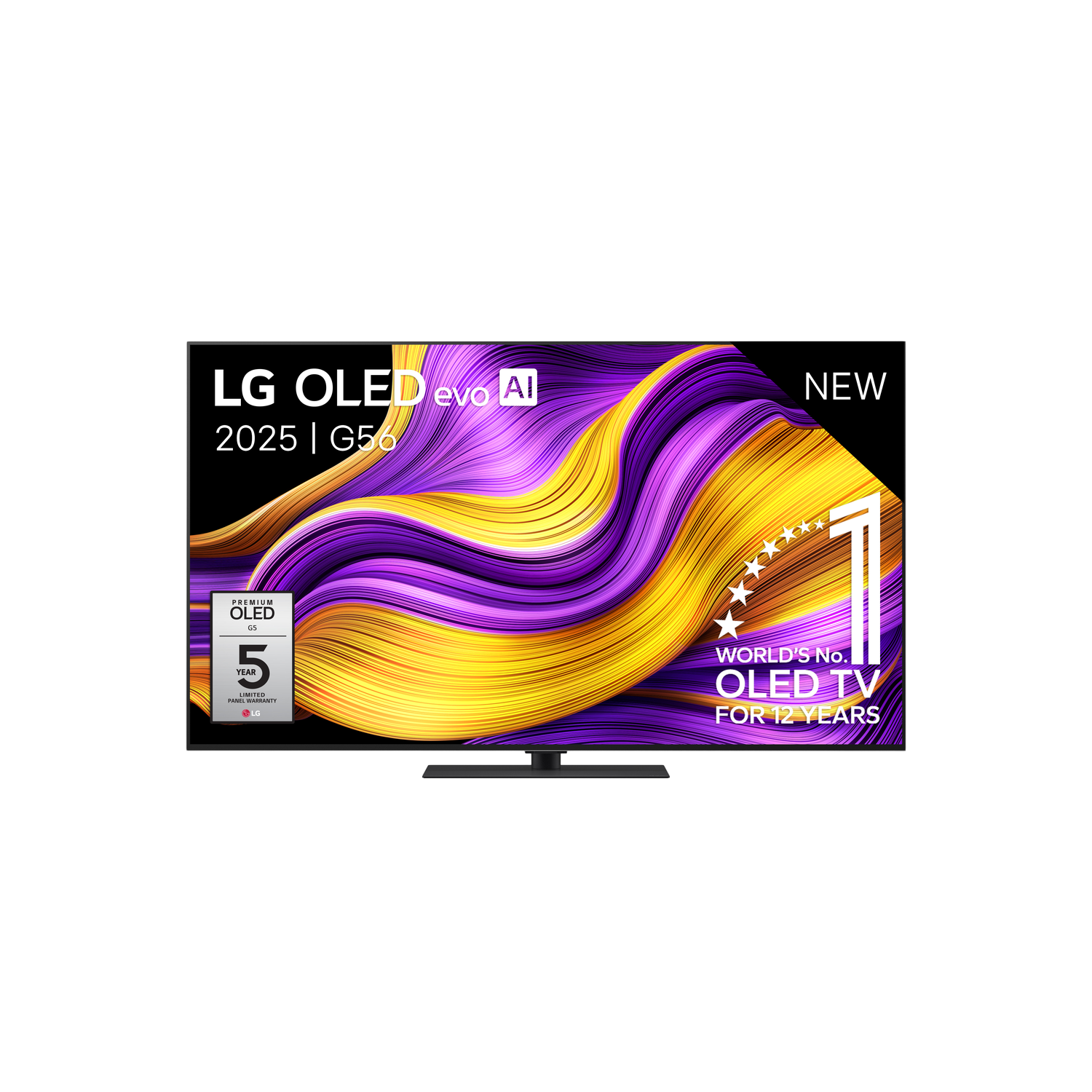 LG OLED evo AI TV. Zwart scherm toont kleurrijke abstracte kunst.