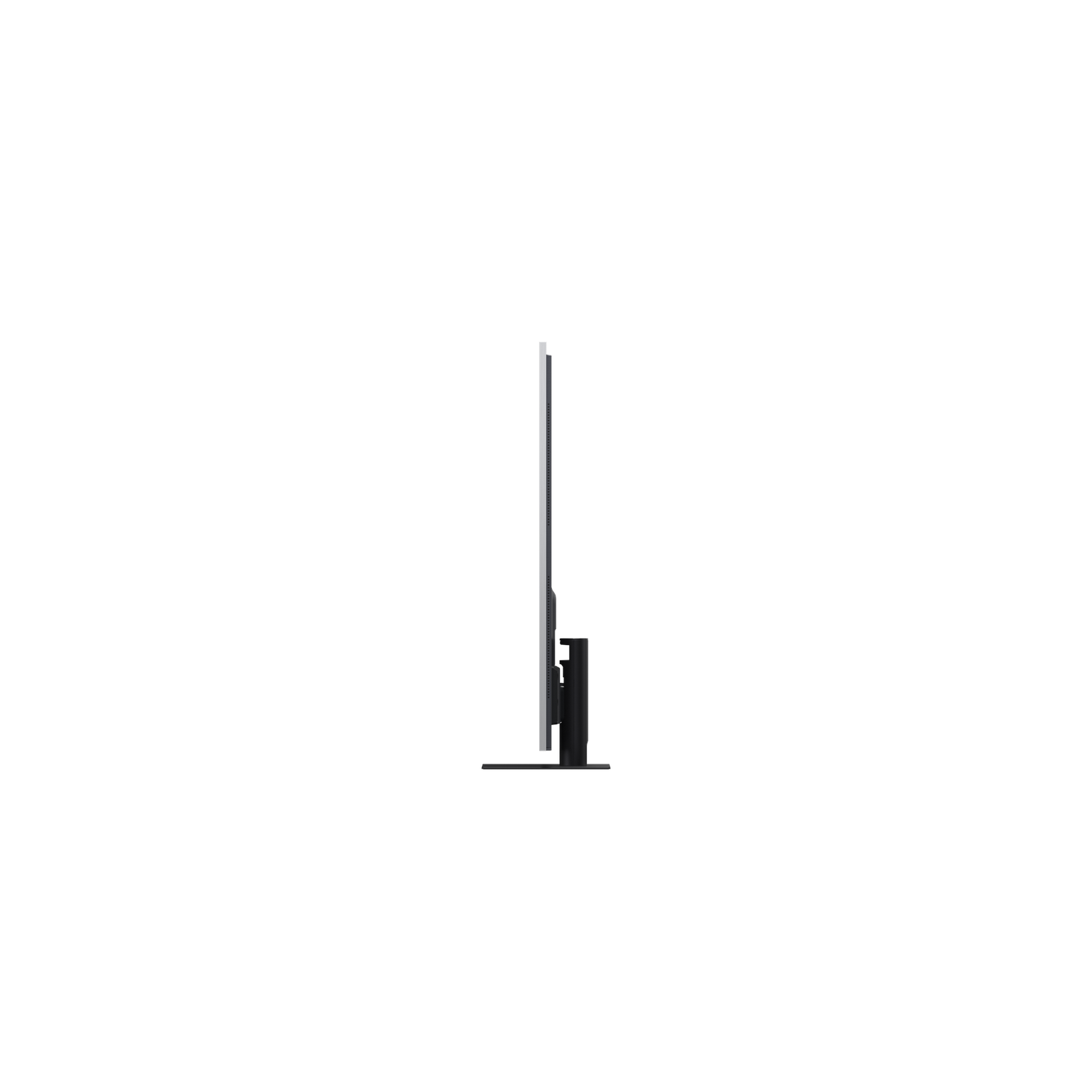 Side view of a TV, mounted on a white background. The screen is black.