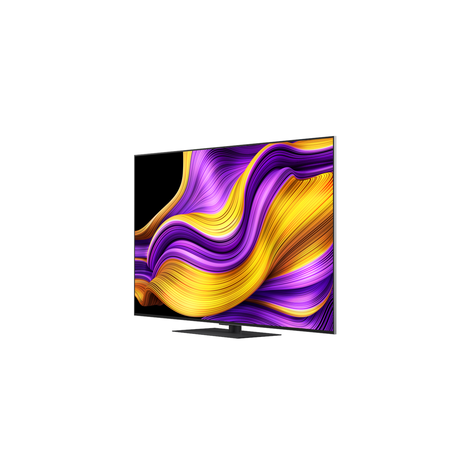 Large curved TV with colorful abstract display, black frame, on white background.