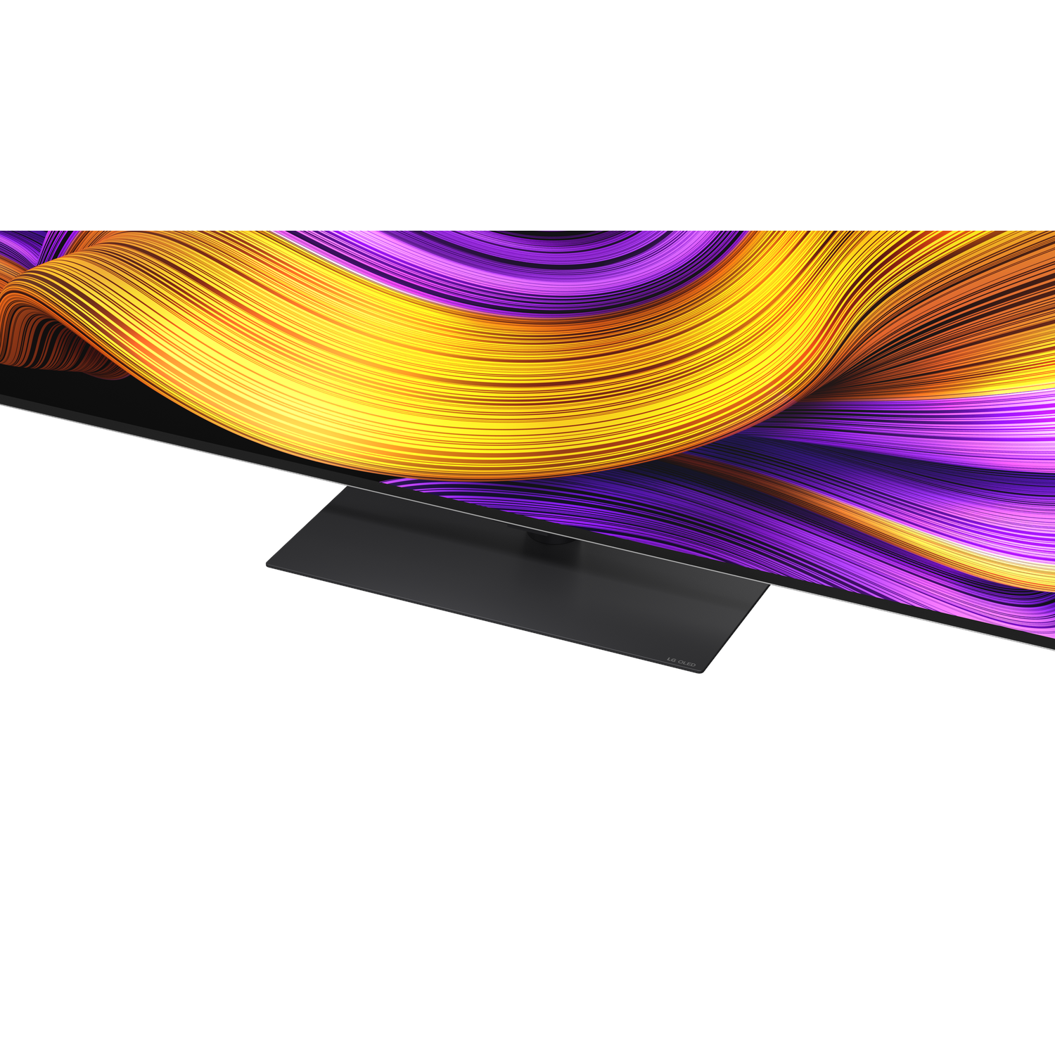A close-up of a TV with a black base and abstract yellow and purple design on the screen.