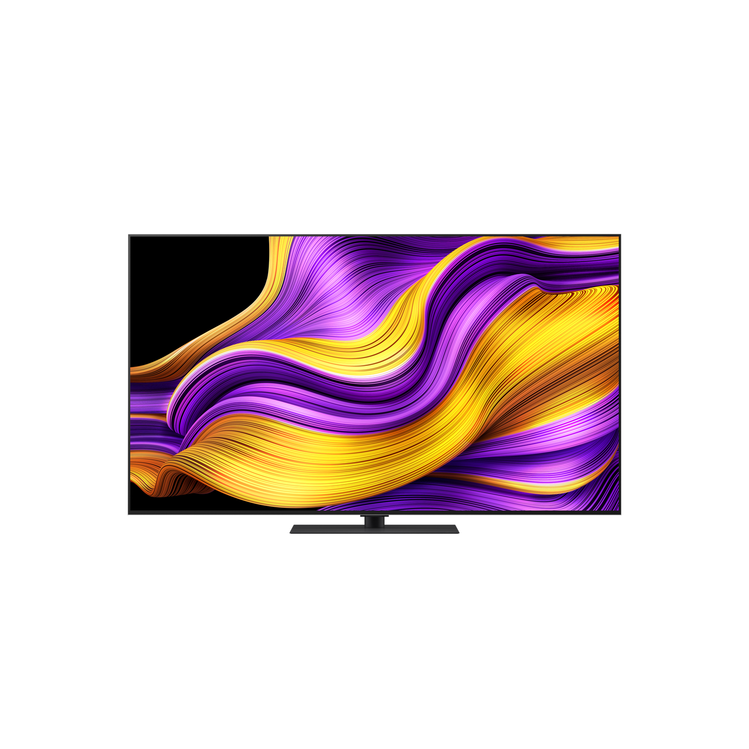 A modern TV displays a colorful abstract image with purple and yellow flowing shapes.