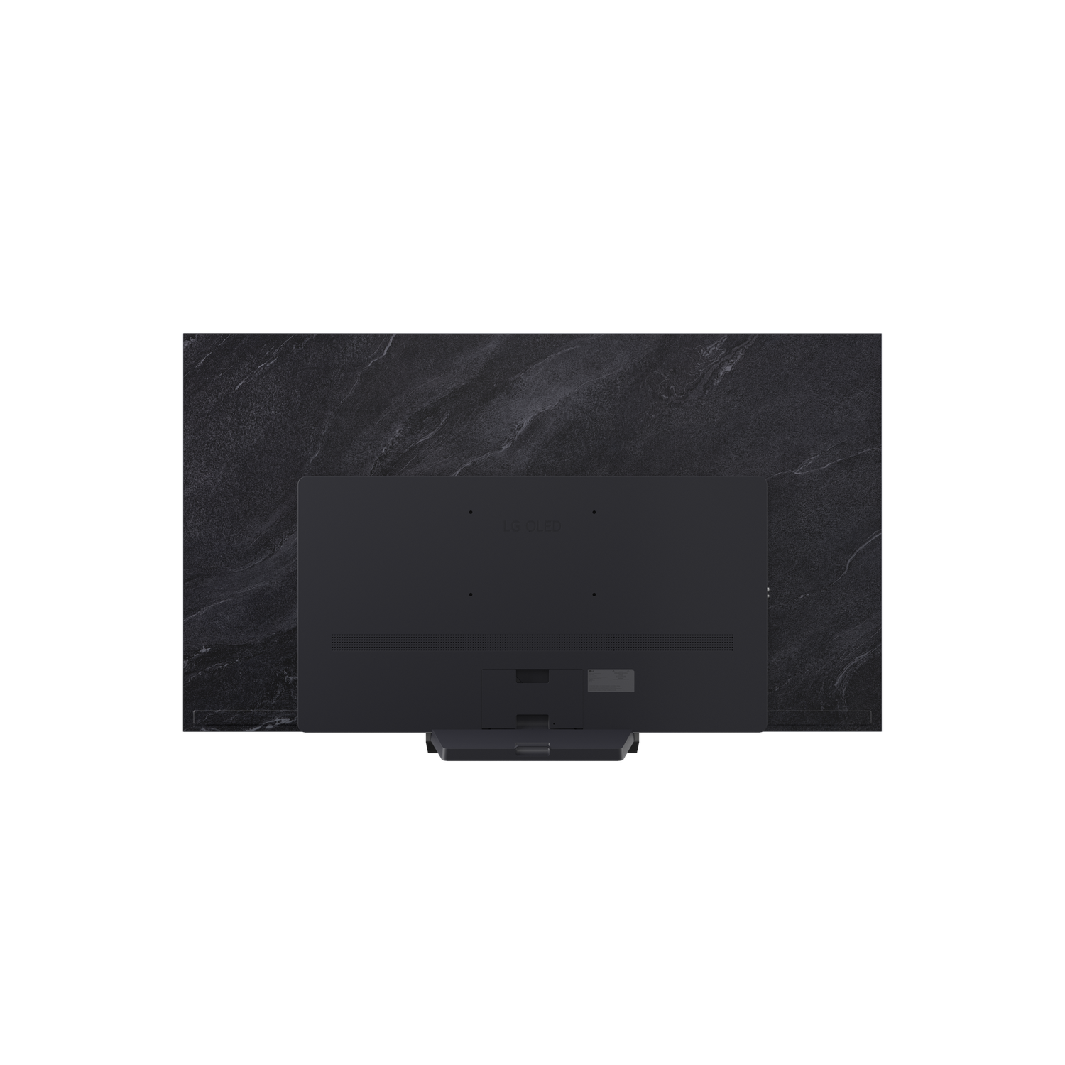 Vue arrière d'une TV sur une surface en marbre foncé, montrant les ports et les connexions.
