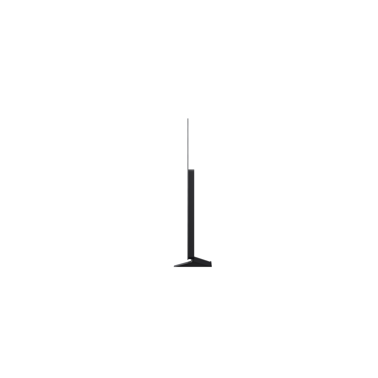 Une télévision noire, haute et fine, sur fond blanc.