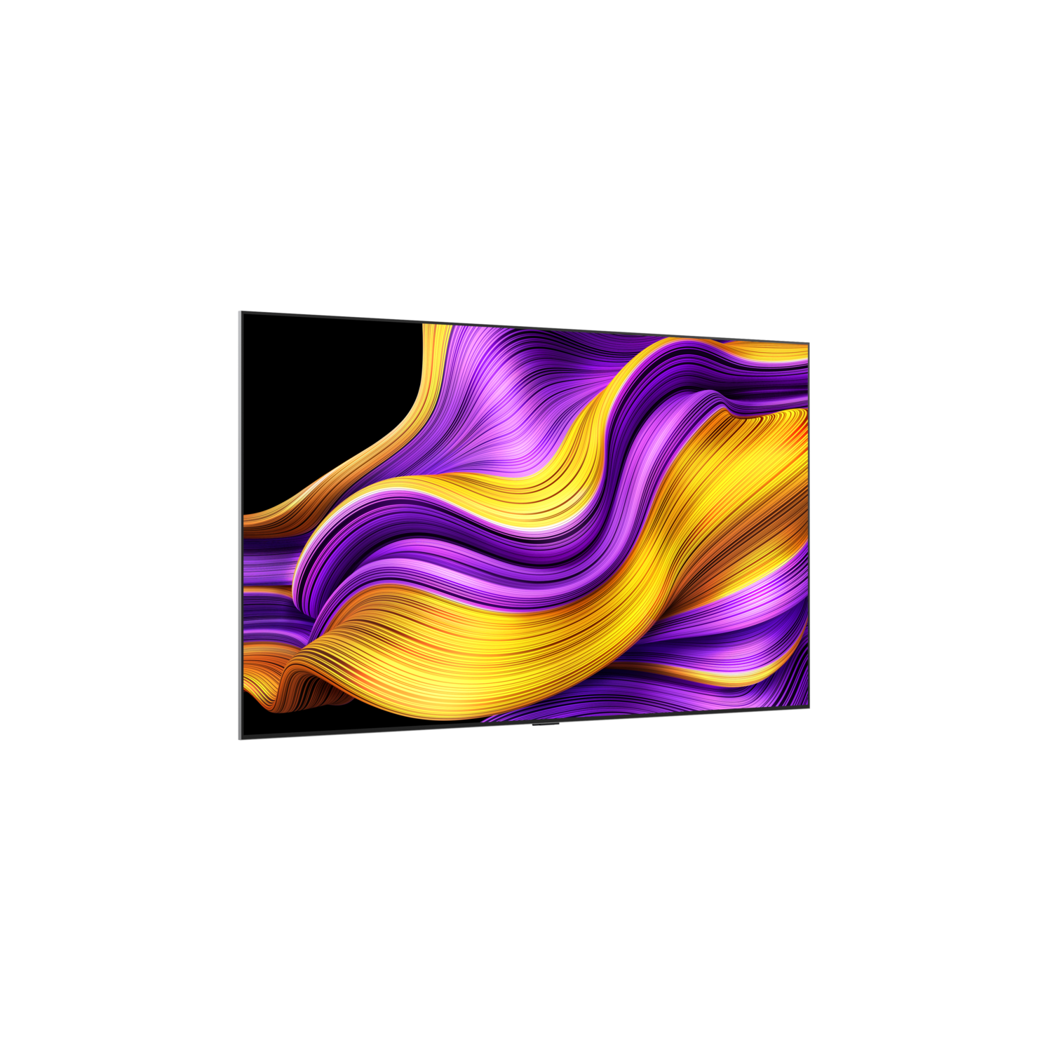 A curved artistic display with vibrant purple and yellow flowing lines on a black background.