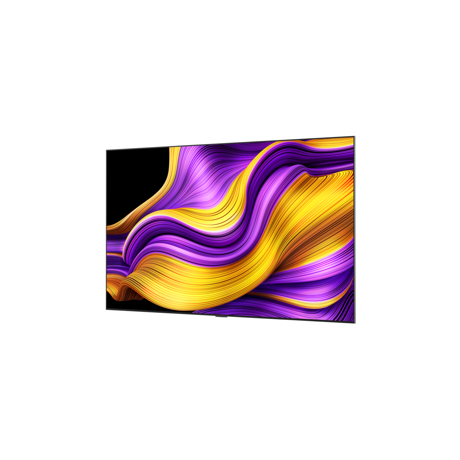 A television screen with a colorful abstract design in shades of purple and yellow.